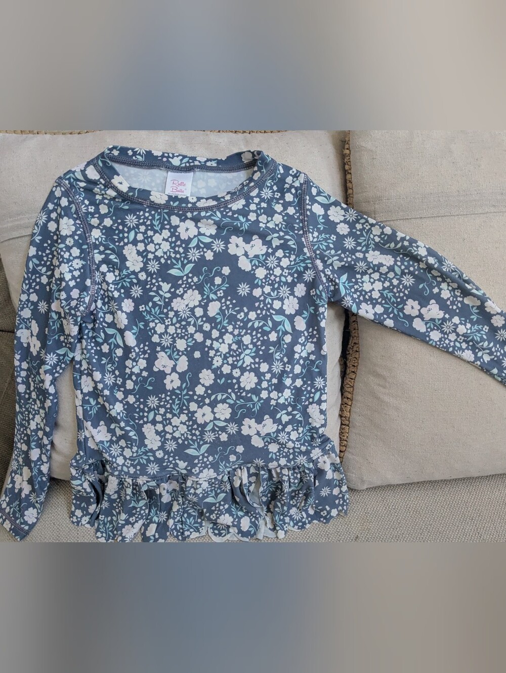Ruffle Butts Blue Floral Ruffle-Hem Long Sleeve Rash Guard